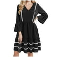 thumbnail image 1 of GEWSEY Women Striped Lace Trim Mini Dress V Neck Tie Front Flutter Sleeves Casual Beach Vacation Dress (Black, XXL), 1 of 5