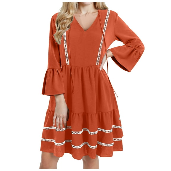 GEWSEY Women Striped Lace Trim Mini Dress V Neck Tie Front Flutter Sleeves Casual Beach Vacation Dress (Brick Red, M)