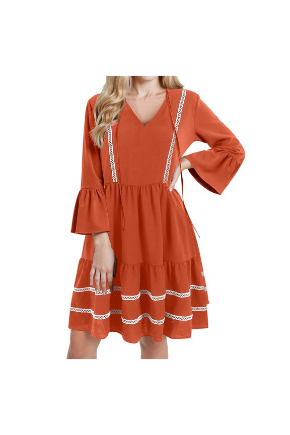 Women Striped Lace Trim Mini Dress V Neck Tie Front Flutter Sleeves Casual Beach Vacation Dress (Brick Red, M)