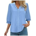 thumbnail image 1 of GEWSEY Women Summer Casual V Neck Lace Elegant Tops Fashion Trendy 3/4 Puff Sleeve Loose Fit Hollow Blouses Tunic Blouses (Blue, XL), 1 of 5