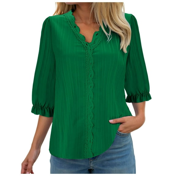 GEWSEY Women Summer Casual V Neck Lace Elegant Tops Fashion Trendy 3/4 Puff Sleeve Loose Fit Hollow Blouses Tunic Blouses (Green, L)