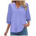 thumbnail image 1 of GEWSEY Women Summer Casual V Neck Lace Elegant Tops Fashion Trendy 3/4 Puff Sleeve Loose Fit Hollow Blouses Tunic Blouses (Light Purple, S), 1 of 5