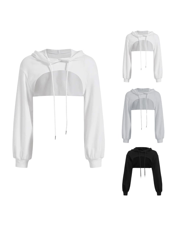 Women Super Crop Top Pullover Sweatshirt Long Sleeve Drawstring Hoodie (Black, L)