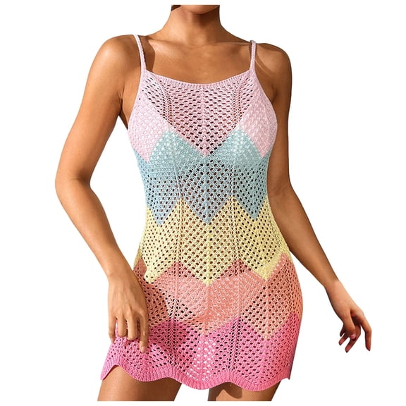 GEWSEY Women Swimsuit Crochet Swim Cover Up Summer Bathing Suit Swimwear Mesh Knit Beach Dress (Pink, M)