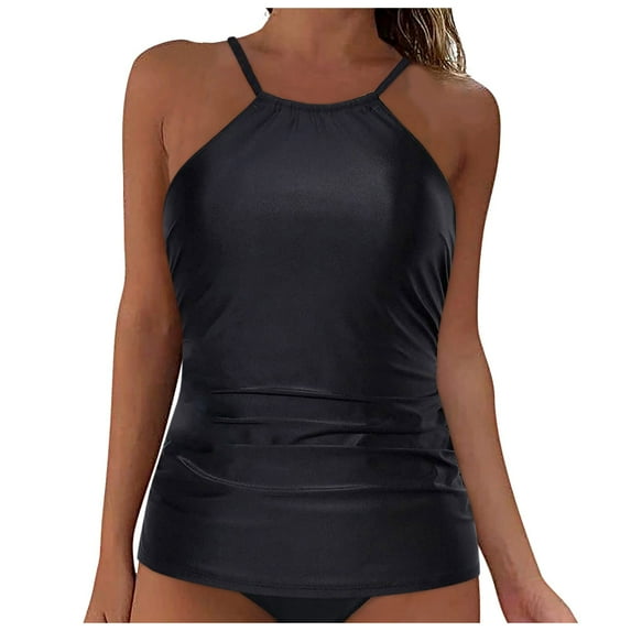 GEWSEY Women Tankini Top Only High Neck Bathing Suit Top Tummy Control Swimsuit Top Ruched Swim Top Without Bottom Black, 2XL