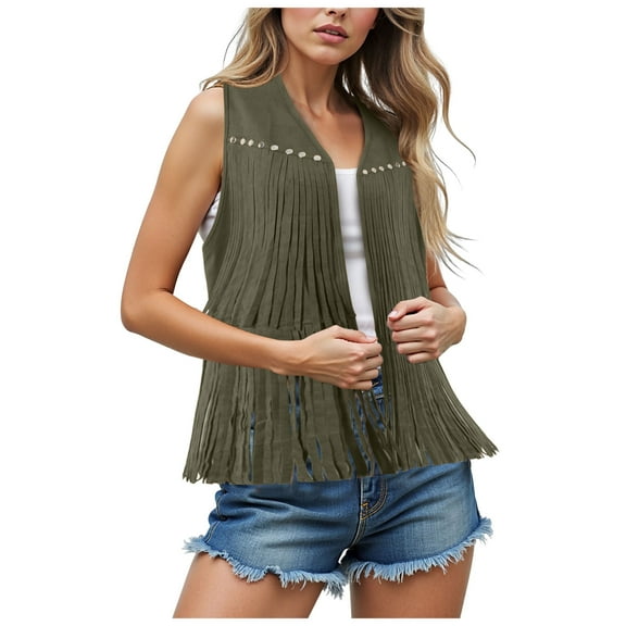 GEWSEY Women Tassel Vest 70s Hippie Cowgirl Western Suede Rivets Sleeveless Fringe Waistcoat Streetwear Outerwear (Army Green, S)