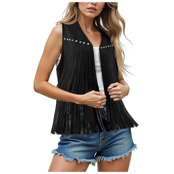 GEWSEY Women Tassel Vest 70s Hippie Cowgirl Western Suede Rivets Sleeveless Fringe Waistcoat Streetwear Outerwear (Black, XL)