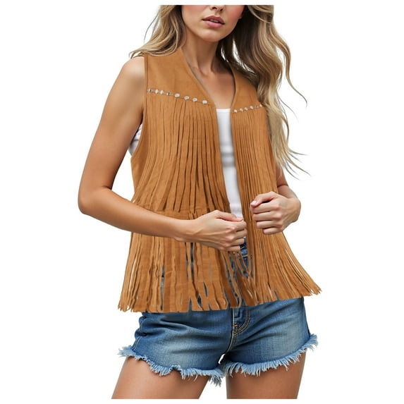 GEWSEY Women Tassel Vest 70s Hippie Cowgirl Western Suede Rivets Sleeveless Fringe Waistcoat Streetwear Outerwear (Yellow, XXL)