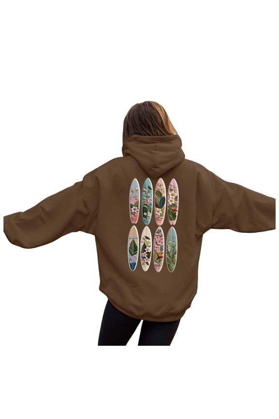 Women Teen Girls Cute Embroidered Flower Ocean Graphic Hoodies Coastal Preppy Long Sleeve Pocket Hoodie Sweatshirts (Brown, S)