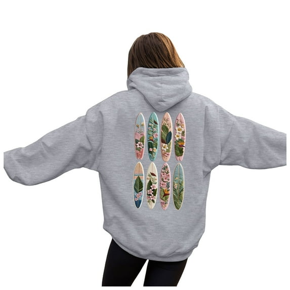 GEWSEY Women Teen Girls Cute Embroidered Flower Ocean Graphic Hoodies Coastal Preppy Long Sleeve Pocket Hoodie Sweatshirts (Grey, XL)