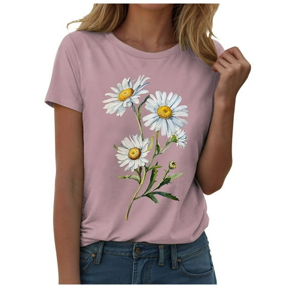 GEWSEY Women Trendy Tops Sunflower Graphic Loose Summer Tees T-Shirts Blouse (Pink, M)