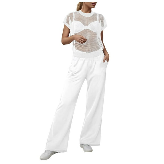 GEWSEY Women Two Piece Outfits Crochet Sheer Knit Sweater Top Wide Leg Pants Lounge Matching Sets Sweatsuit Travel Clothes (White, L)