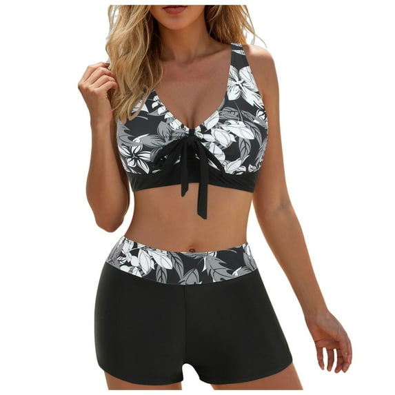 GEWSEY Women Two Piece Swimsuit with Boy Shorts - Modest Swimming Suits High Waisted Bathing Suits Bikini Set (Black, S)