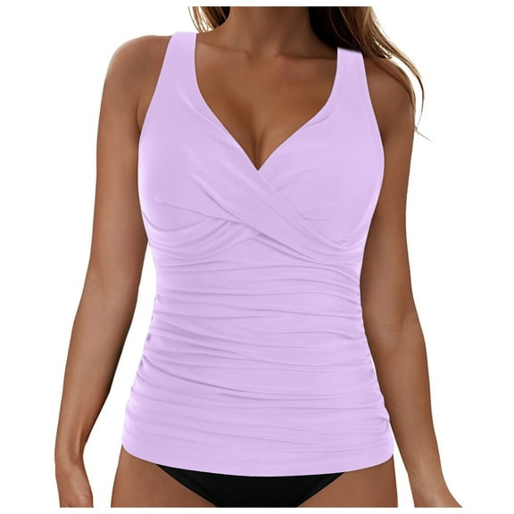 GEWSEY Women Underwire Tankini Top Only Twist V Neck Swimsuits for Big Busted Ruched Tummy Control Bathing Suits Top (Light Purple, M)