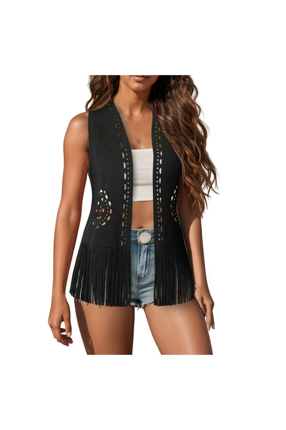 Women Boho Western Tassel Vest Open Front Suede Fringe Cardigan Sleeveless Jacket Vintage Hippie Outwear (Black, S)