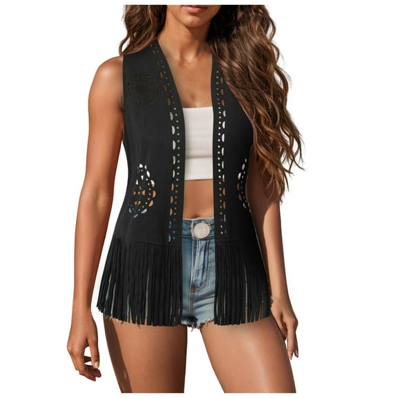 GEWSEY Women Boho Western Tassel Vest Open Front Suede Fringe Cardigan Sleeveless Jacket Vintage Hippie Outwear (Black, XXL)
