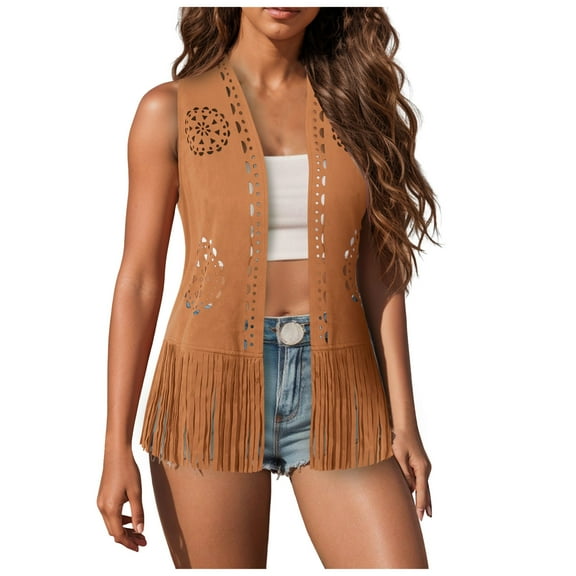GEWSEY Women Western Tassels Vest Tops 70s Hippie Suede Fringe Vests Jacket Cardigan Open Front Rodeo Cowgirl Shirt (Brown, XL)