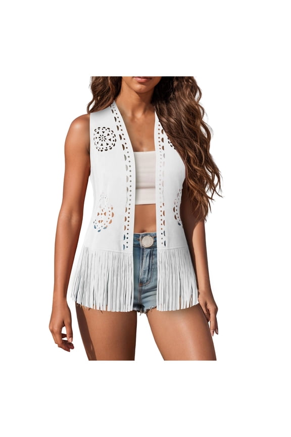 Women Western Tassels Vest Tops 70s Hippie Suede Fringe Vests Jacket Cardigan Open Front Rodeo Cowgirl Shirt (White, XXL)