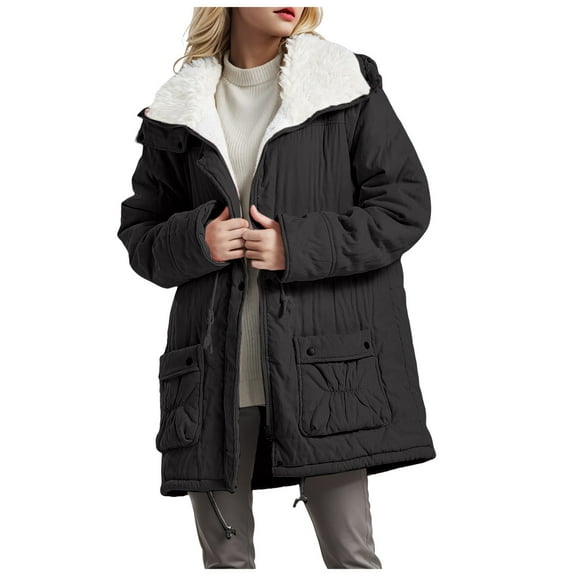 GEWSEY Women Winter Mid Length Thick Warm Jacket Faux Lamb Wool Lined Jacket Coat Winter Jackets For Women Lapel Fleece (Black, XL)