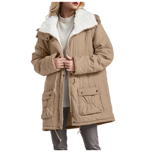 GEWSEY Women Winter Mid Length Thick Warm Jacket Faux Lamb Wool Lined Jacket Coat Winter Jackets For Women Lapel Fleece (Khaki, M)