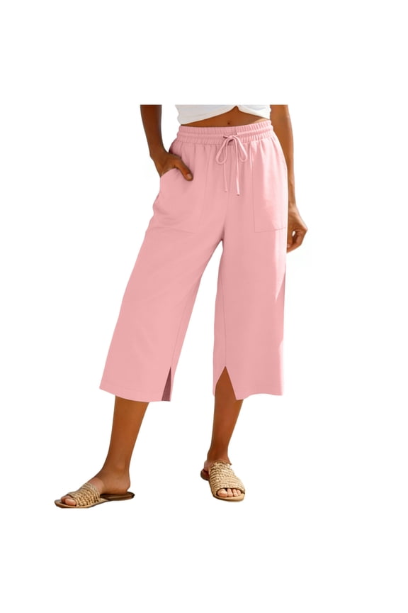 Women Work Pants Comfy Relaxed Loose Wide Leg Trousers Elastic Stretch High Rise 7/8 Length Slacks Pants Solid Asymmetrical Cropped Trousers for Lady Dance Clubs Pink for Size XXL