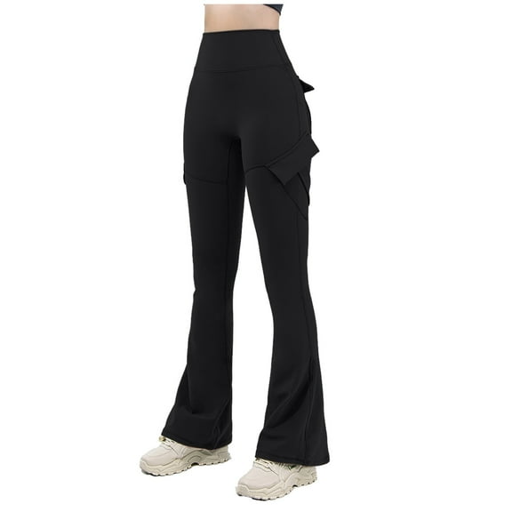 GEWSEY Women Workout Flare Leggings with Pockets Hidden Scrunch High Waisted Cargo Gym Yoga No Front Seam Leggings (Black, S)
