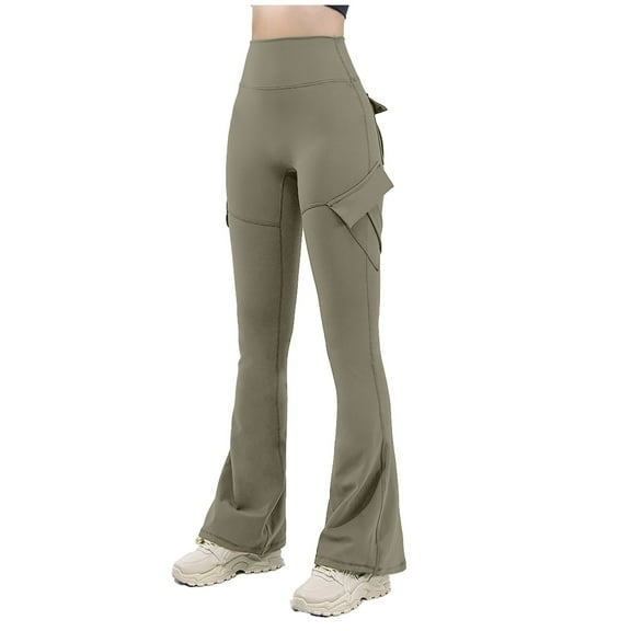 GEWSEY Women Workout Flare Leggings with Pockets Hidden Scrunch High Waisted Cargo Gym Yoga No Front Seam Leggings (Green, L)