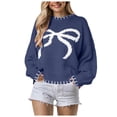 thumbnail image 1 of GEWSEY Women Y2K Bow Knit Sweater Crew Neck Long Sleeve Knitted Pullover Oversized Contrast Trim Knitwear (Blue, M), 1 of 5