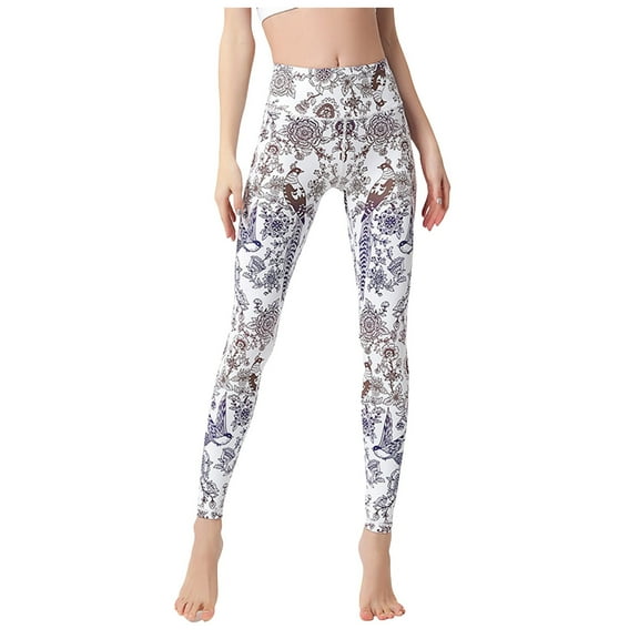 GEWSEY Women Yoga Pants Printed Over The Heel Stirrup Yoga Leggings High Waist Power Flex Capris Leggings for Fitness Running (Silver, L)