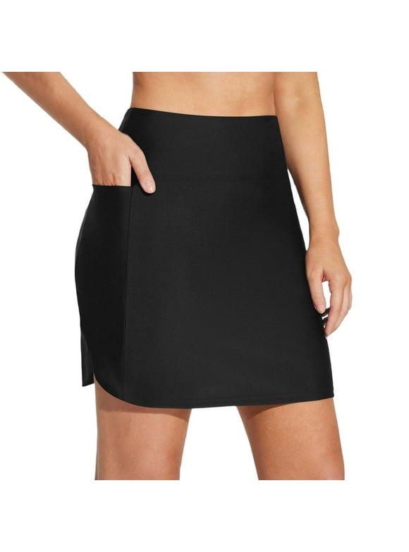 Women's 17" Swim Skirt High Waisted Quick Dry Bathing Suit Bottoms with Pockets Modest Tummy Control Swim Bottoms Black, XL
