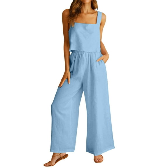 GEWSEY Women's 2 Piece Outfits Linen Pants Jumpsuit Matching Lounge Set Casual Summer Beach Vacation Trendy Clothes (Blue, L)