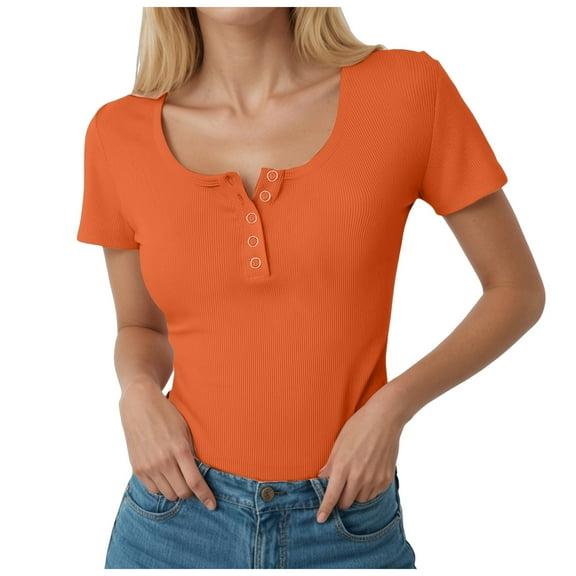 GEWSEY Women's 2025 Spring Fall Long Sleeve Henley T Shirts Button Ribbed Knit Slim Fit Casual Basic Tops Blouse Orange, L