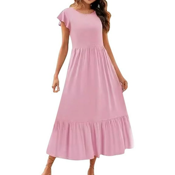 GEWSEY Women's 2025 Summer Boho Casual V Neck Sleeveless Midi Dresses Tie Shoulder Flowy Tiered A Line Beach Long Sundress Pink, XL