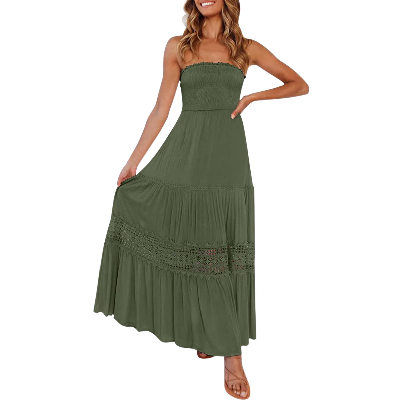 Women's 2025 Summer Strapless Tiered Ruffle Dress - Flowy Beach Guest Or Party Long Dress