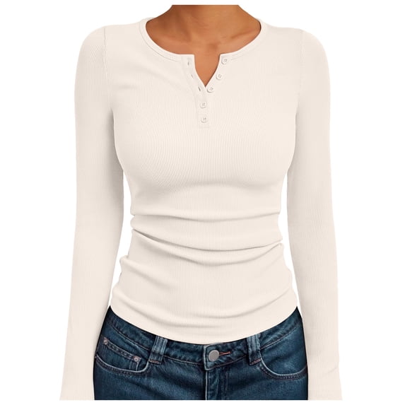 GEWSEY Women's 2025 Summer Fall Long Sleeve Henley T Shirts Button Ribbed Knit Slim Fit Casual Basic Tops Blouse (Beige, L)