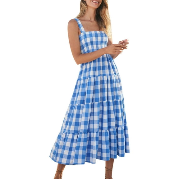 GEWSEY Women's 2025 Summer Spaghetti Strap Maxi Dresses Plaid Square Neck A Line Casual Beach Vacation Long Sundress (Blue, XXL)