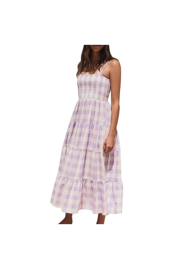 Women's 2025 Summer Spaghetti Strap Maxi Dresses Plaid Square Neck A Line Casual Beach Vacation Long Sundress (Purple, L)