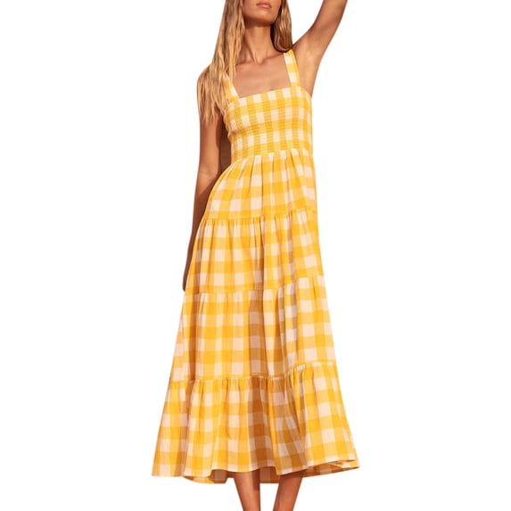 GEWSEY Women's 2025 Summer Spaghetti Strap Maxi Dresses Plaid Square Neck A Line Casual Beach Vacation Long Sundress (Yellow, XXL)