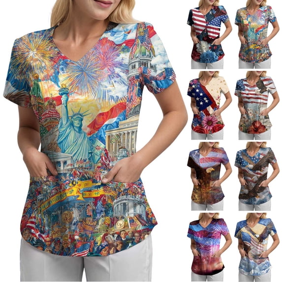 GEWSEY Women's 4th of July Nurse Scrub Top Patriotic Floral Print Nurse Shirt Plus Size V Neck Short Sleeve Nurse Uniform (Purple, L)