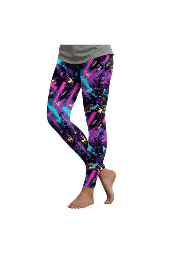 Women's 80s Leggings Neon Artistic Splash Printed Buttery Soft Stretchy Pants (Hot Pink, XL)