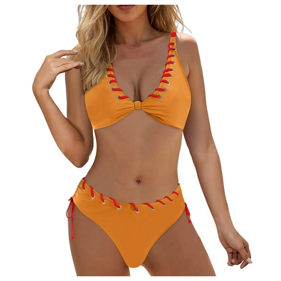 GEWSEY Women's Bikini Sets Two Piece Swimsuit V Neck Crisscross Back Low Rise Stitching Cheeky Bottom Orange, XL