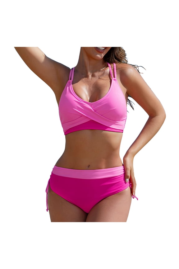 Women's Bikini Sets Two Piece Swimsuit V Neck Twist Front V Cut Bottom Bathing Suit (Pink, XXL)