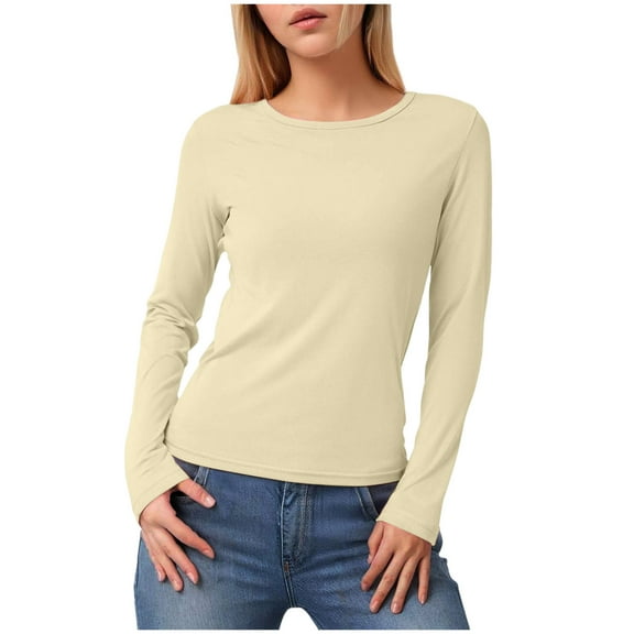 GEWSEY Women's Boat Neck Tops Long Sleeve Shirts Casual Fitted Tee Shirts Solid Color Fall Basic Clothes (Beige, M)