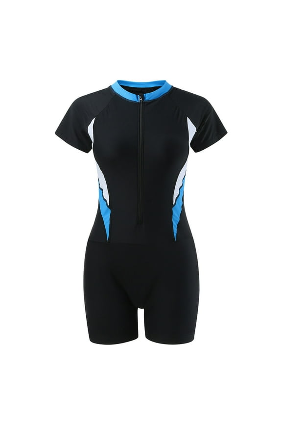 Women's Boyleg One Piece Rash Guard with Built in Bra UPF50+ Zip Long Sleeve Full Body Modest Swimsuit Black, XL