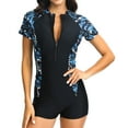 thumbnail image 1 of GEWSEY Women's Boyleg One Piece Rash Guard with Built in Bra UPF50+ Zip Short Sleeve Full Body Modest Swimsuit Black, XL, 1 of 8