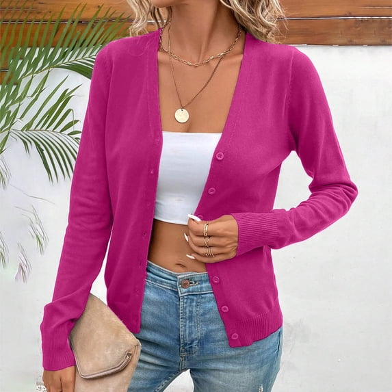 GEWSEY Women's Button Down Crew Neck Long Sleeve Soft Knit Cardigan Sweaters (Hot Pink, L)