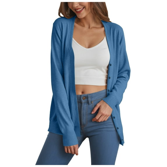 GEWSEY Women's Button Down Crew Neck Long Sleeve Soft Knit Cardigan Sweaters (Light Blue, L)
