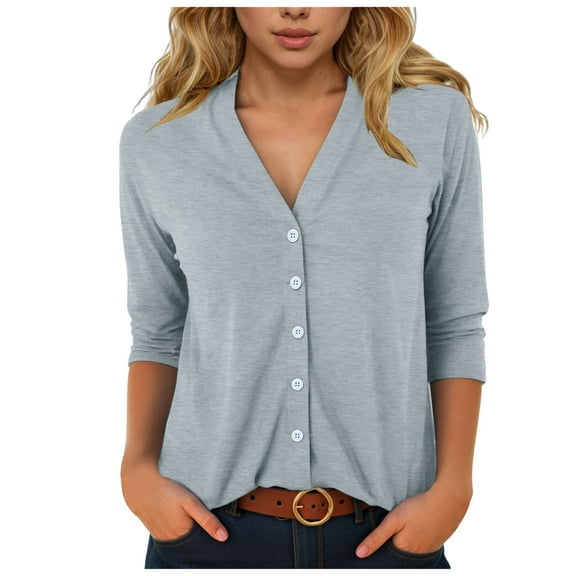GEWSEY Women's Button Down T Shirts 3/4 Sleeve V Neck Tops Casual Summer Ladies Tees (Grey, L)