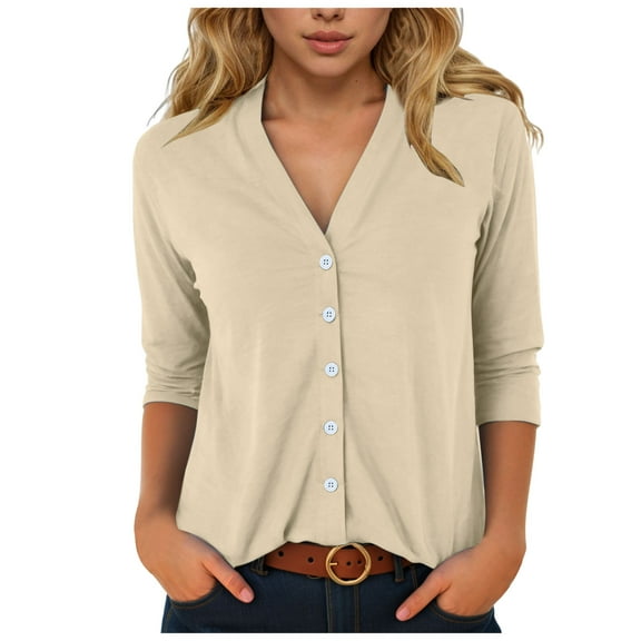 GEWSEY Women's Button Down T Shirts 3/4 Sleeve V Neck Tops Casual Summer Ladies Tees (Khaki, XL)