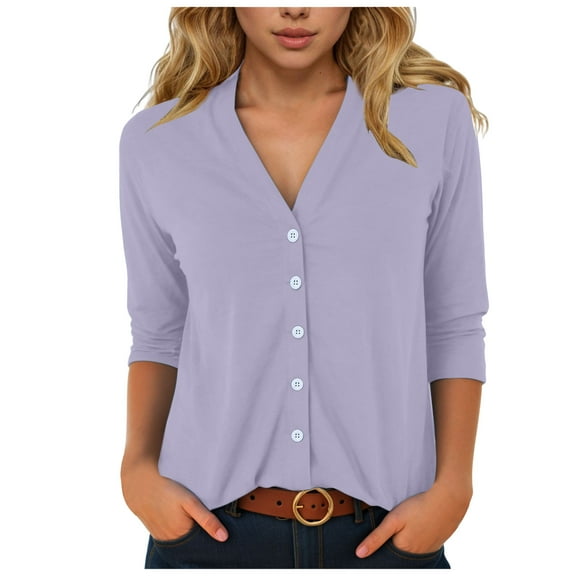 GEWSEY Women's Button Down T Shirts 3/4 Sleeve V Neck Tops Casual Summer Ladies Tees (Light Purple, XL)